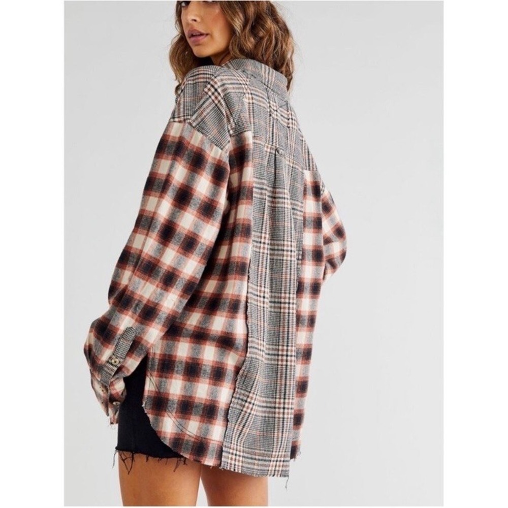 FREE PEOPLE Wildfire Mixed Plaid Flannel Long Sleeve Top Boho XS Oversized! EUC - Picture 2 of 11